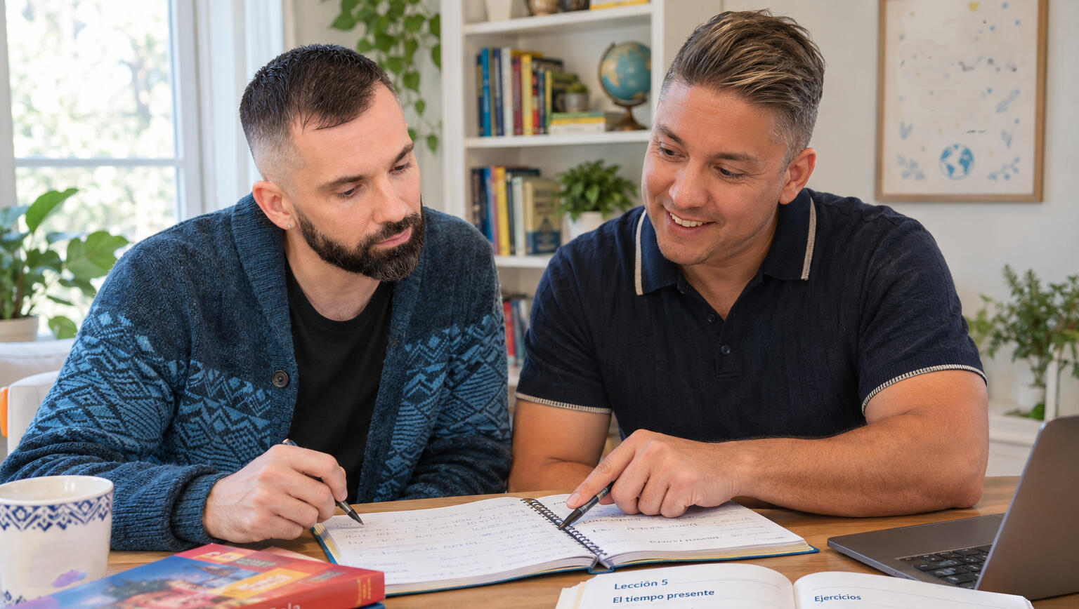 Spanish tutor Rodney Moya teaching an adult student in person